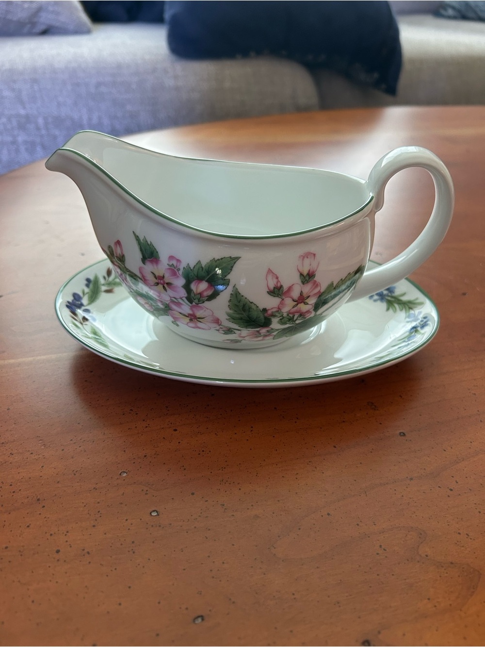 Royal Worcester Pink Floral Porcelain Gravy Boat with Underplate
